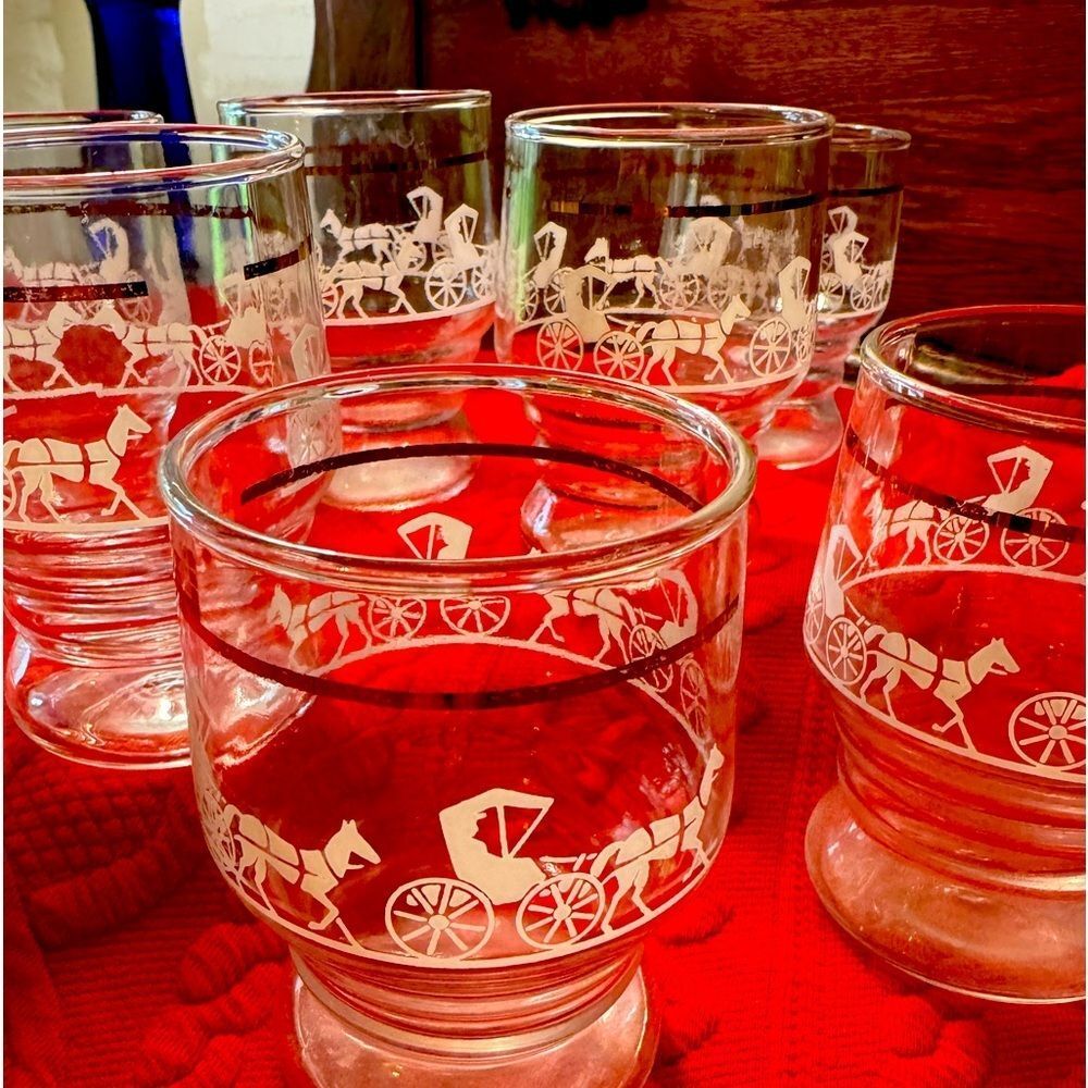 vintage Amish horse and buggy cups, gold applied at the top of each cup Set Of 7